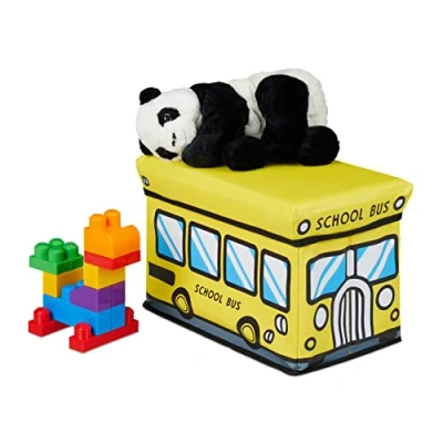 Image of Relaxdays Toy Box Foldable School Bus Storage with Space &amp; Lid Padded HBT 27 x 40 25 cm Yellow