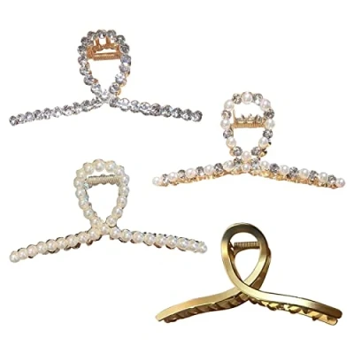 Image of 4pcs Gold Pearl Hair Clips, Metal Claw Clips for Thick Hair, Cute Women Girls Thin, Accessories, and Girl(gold)