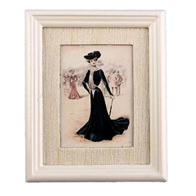 Image of Melody Jane Dolls House Lady in Black Painting White Frame Miniature Picture Accessory