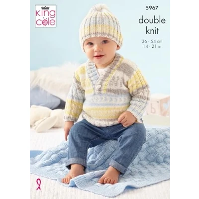 Image of King Cole 5967 Knitting Pattern Baby Sweater Cardigan Hat and Blanket in Cherish Cherished DK