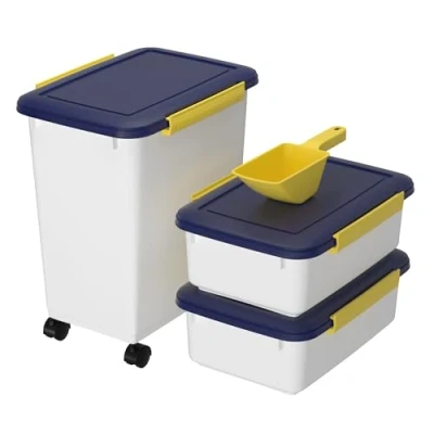Image of Cetomo Dog Food Storage Container, Airtight Containers with Wheels, Silicone Seal, Snap Locks, Plastic Pet Bin Lid for Dog, Pets, White &amp; Blue Yellow, 10 L/3.5 kg x 2 + 32 L/12