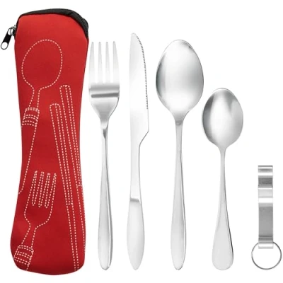 Image of Bramble 5 Piece Premium Stainless Steel Portable Cutlery Set with Pouch Case, Outdoor Travel Camping Utensil Red