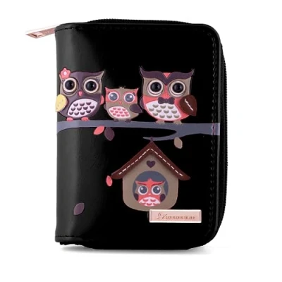 Image of kukubird RFID Blocker Owl Family Tree House Pattern Medium Ladies Purse Clutch Wallet Christmas Stocking Filler Black