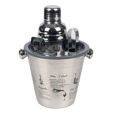 Image of Cocktail Shaker Set 5 Piece Making Stainless Steel Home Bartender Kit with Bar Tools Accessories Jigger, Ice Bucket, Tongs &amp; Bottle Opener Party
