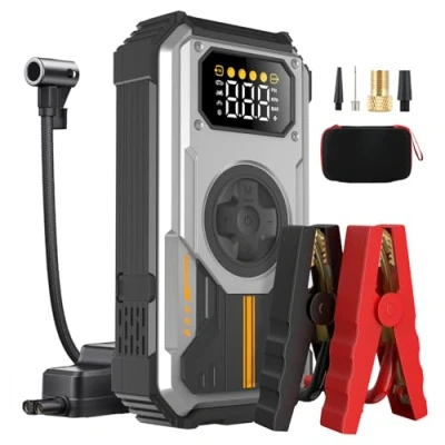 Image of Eigotrav Jump Starter Power Pack, 6000A Car Battery Booster (Up to 7.5L Gas, 6L Diesel), 5 in 1 Portable with 150 PSI Air Compressor, LCD Display, LED Light