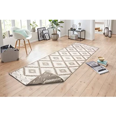 Image of NORTHRUGS Malibu Indoor and Outdoor Rug 80 x 350 cm Reversible Weatherproof Modern Geometric Pattern Runner for Balcony Patio Garden Conservatory Living Room Waterproof in Linen