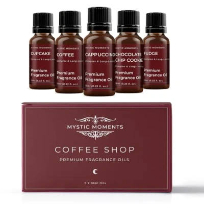 Image of Mystic Moments Coffee Shop Fragrance Oil Gift Starter Pack 5x10ml Cappuccino, Chocolate chip Cookie, Coffee, Cupcake, Fudge Perfect as a