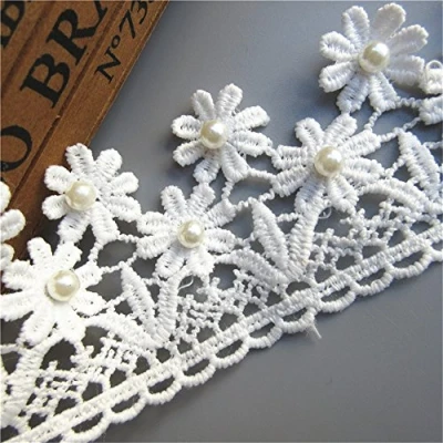 Image of Qiuda 1 Yard Pearl Lace Edge Trim Ribbon 5 cm Width Vintage Style White Edging Trimmings Fabric Embroidered Applique Sewing Craft Wedding Bridal Dress Embellishment DIY Decoration Clothes Embroidery