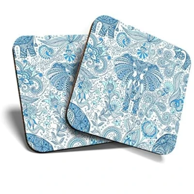 Image of Great Coasters (Set of 2) Square/Glossy Quality Coasters/Tabletop Protection for Any Table Type Blue Indian Elephants Pattern #8165