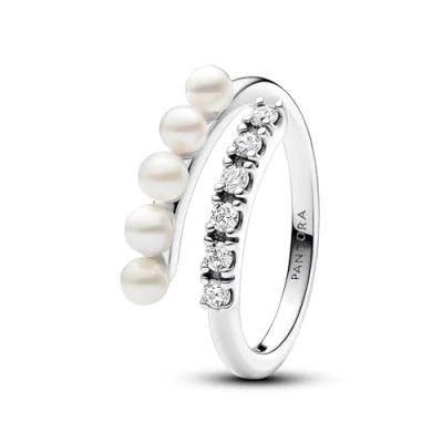 Image of Pandora Timeless Sterling silver open ring with white treated freshwater cultured pearl and clear cubic zirconia, 54