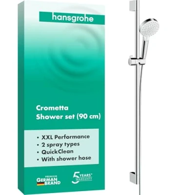 Image of hansgrohe Crometta shower set, head with rail 90cm, holder and hose 1,60m, hand 2 sprays, white/chrome