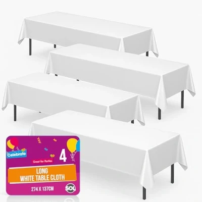 Image of 4pk Long White Table Cloth Party 274 x 137cm Plastic Cover Disposable Tablecloths for Parties Tablecloth