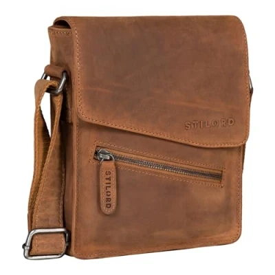 Image of STILORD &#039;Steve&#039; Mens Leather Messenger Bag Brown Small Shoulder for Men Vintage Cross Body 8 inch Tablets Satchel Genuine Leather, Colour:tan Dark