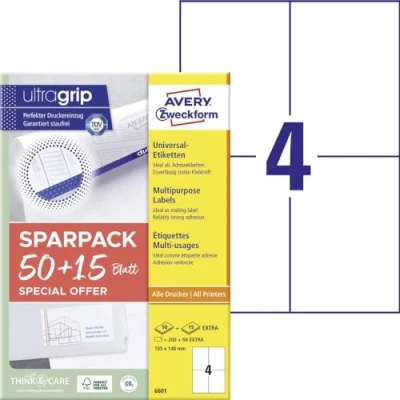 Image of AVERY Zweckform 6601 Universal Labels (200 Plus 60 Adhesive Extra, 105 x 148 mm on A4, Matte Paper, Printable Shipping Labels, Self Stickers with Ultra Grip) 65 Sheets, White