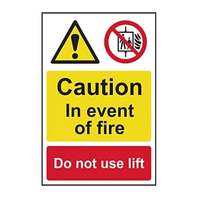 Image of Scan Caution Event of Fire Do Not Use Lift PVC Sign 200 x 300mm
