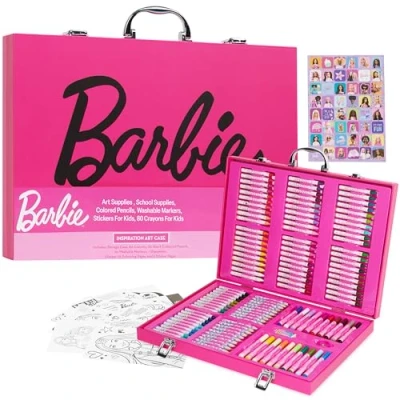Image of Barbie Art Supplies Set, 130+ Pcs Girls Drawing Colouring Travel Case with Crayons, Felt Tips Pencils Gifts