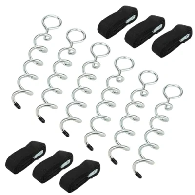 Image of MUKCHAP Set of 6 31cm Trampoline Anchor Kit with Round Head, Peg Tie Down Kit, Galvanized Spiral Ground Stakes and Straps for Sheds, Swings, Tents