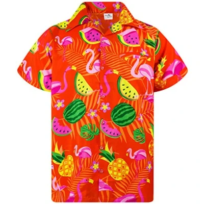 Image of King Kameha Hawaiian Shirt Men Fruit Designs Regular Short Sleeve, Flamingo Melon, Orange, XXL