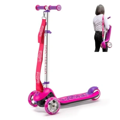 Image of Trunki Folding 3 Wheel Kids Scooter for Girls with Tow and Carry Strap Storage bag Adjustable Handle Bar Height Large Pink Ages 9 (63x28x77 91cm)