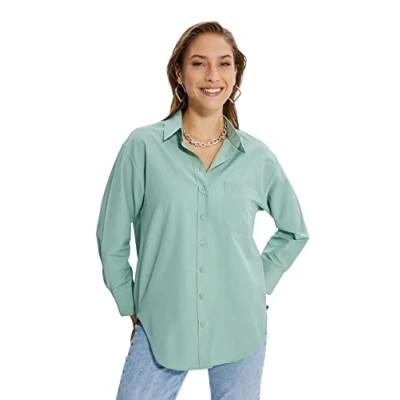 Image of Trendyol Women&#039;s Woman Basic Relaxed Standard Collar Woven Shirt, Mint, 38 UK