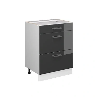 Image of Vicco Kitchen base cabinet Raul, Anthracite high gloss/White, 60 cm with drawers, without worktop