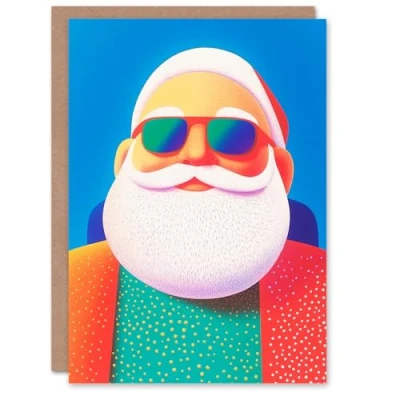 Image of Wee Blue Coo Greeting Card Cool Santa Claus With Sunglasses Vibrant Pop Art Blank For Him Or Her Xmas Christmas
