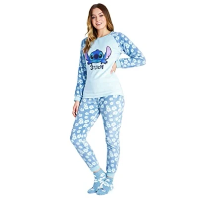 Image of Disney Womens Pyjamas, Fleece Loungewear and Fluffy Socks Stitch Gift Set (Blue Stitch, L)