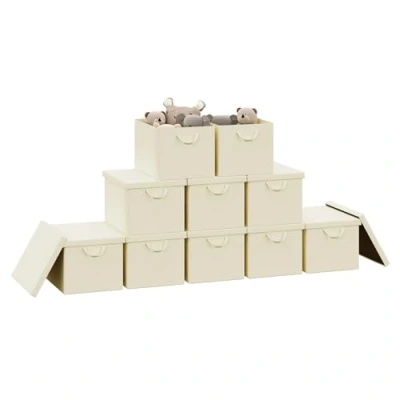 Image of WOLTU Storage Boxes Set of 10, Baskets, Cubes with Handles and Lid, Fabric Folding Baskets for Shelves in Bedroom, Study, Children&#039;s Room, Metal Frame, Cream, 48x30x36 cm