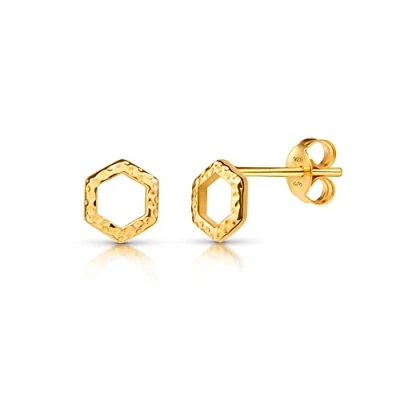 Image of Amberta Women 925 Sterling Silver Minimalist Stud Earrings: Gold Plated Hammered Hexagon Studs