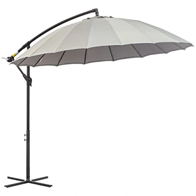 Image of Outsunny 3(m) Cantilever Shanghai Parasol Garden Hanging Banana Sun Umbrella with Crank Handle, 18 Sturdy Ribs and Cross Base, Grey
