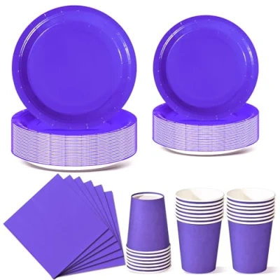 Image of Nkaiso Light Purple Party Tableware, 96 Pieces Colorful Supplies Set Solid Color Paper Plates Cups and Napkins for Birthday
