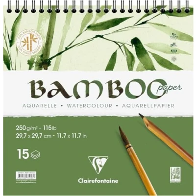 Image of Clairefontaine 975927C Bamboo Spiral Pad 15 Sheets 100% Natural White Watercolor Paper Vegan Finely Marked Grain Professional Quality 29.7 x cm 250g