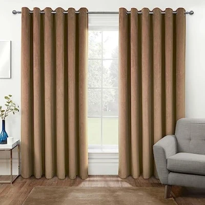 Image of HOMESCAPES Beige Velvet Blackout Curtains 46&quot; x 72&quot; (117 183 cm) Eyelet Thermal Insulated with 100% Ultra 3 Pass Coating Fully Lined Readymade