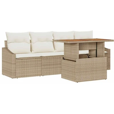 Image of vidaXL 5 Piece Garden Dining Set with Cushions Beige Poly Rattan Acacia