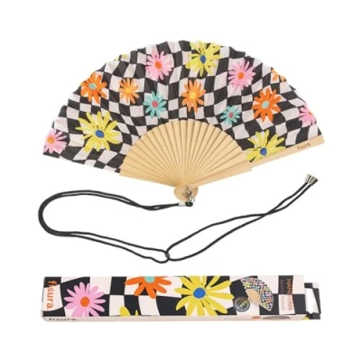 Image of Fisura Pattern Original handheld folding fan. wooden holding Hand Fans. Birthday Gifts Wedding Party Decoration. Fan with hanger included (Geometric flowers, black and white)