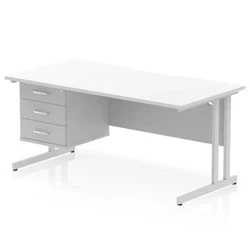 Image of Impulse 1600 x 800mm Scalloped Edge Straight Office Desk White Top Silver Cantilever Leg Workstation 1 3 Drawer Fixed Pedestal