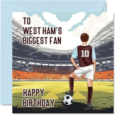 Image of Football Birthday Card for West Ham Fans Biggest Fan Fun Happy Son Dad Brother Uncle Colleague Friend Cousin, 145mm x Footy Footie Bday Greeting Cards