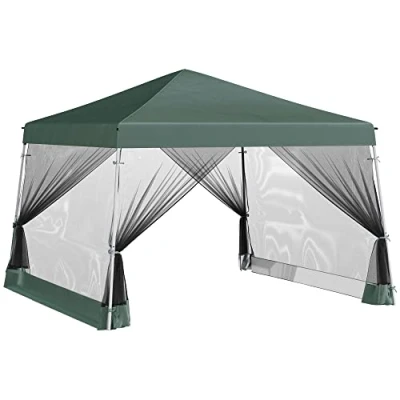 Image of Outsunny Outdoor Garden Pop up Gazebo Canopy Tent Sun Shade Event Shelter Folding with Adjustable Height, Mesh Screen Side Walls 3.5 M x Base / 3 Top, Green
