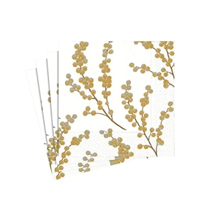 Image of Entertaining with Caspari Berry Branches Paper Cocktail Napkin, White and Gold, Pack of 20