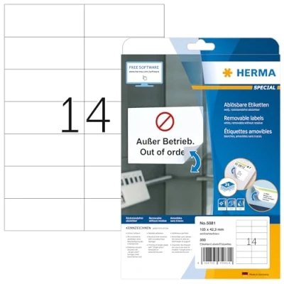 Image of HERMA Self Adhesive Removable Labels, 14 Labels per A4 Sheet, 25 Sheets, 105 x 42.3 mm, 350 Blank Multipurpose Stickers, Sticky for Laser &amp; Inkjet Printer, White