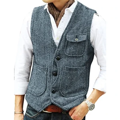 Image of Solovedress Mens Vintage Wool 3 Real Pockets Suit Vest V Neck Tweed Waistcoat for Wedding Groomsmen(Light Navy,XXL)