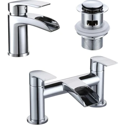 Image of [Basin Tap and Bath Tap] Hapilife Waterfall Bathroom Sink Mixer Tub Filler Chrome with Pop Up Waste, Monobloc Taps Set