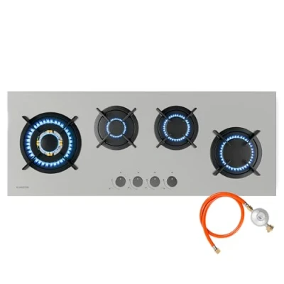 Image of Klarstein Goldflame 4 Slim Gas Hob, Brass Burners, 3.4kW, 2.4kW, 1.8kW and 1kW, SnapJet Ignition, Flame Failure Safety, Stainless Steel, Space Saving Design, Includes Hose &amp; Pressure Reducer