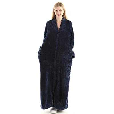 Image of Oksun Womens Plus Size Fleece Dressing Gown Soft Bathrobe Full Length with Zipper, Navy, UK14 20(label XL)
