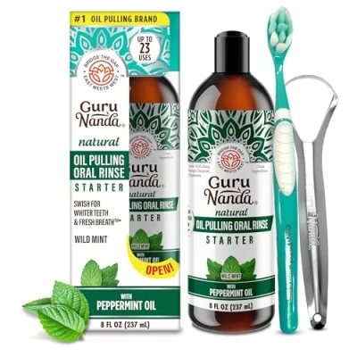 Image of GuruNanda Whitening Pulling Oil with Coconut &amp; Peppermint Essential for Natural Teeth Whitening, Fresh Breath, Alcohol Free Mouthwash, 237 ml