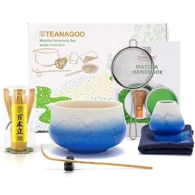 Image of TEANAGOO 7 Pcs Matcha Whisk Set,Blue Set, Ceremony Powder Kit,Matcha Tea Set for Making Latte,Matcha and Bowl with Scoop&amp;Sifter,Fuji Design Ceramic Bowl,Gift Lovers