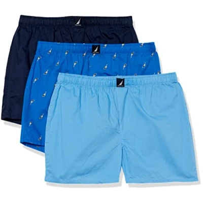 Image of Nautica Men&#039;s Cotton Woven 3 Pack Boxers Shorts, Peacoat/Aero Blue/Sails Outline, L