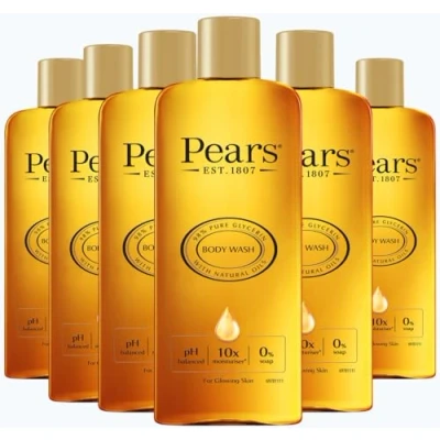 Image of Pears Pure &amp; Gentle Body Wash Soap free Cleanser Nourishing Gel with 98% Glycerin Natural Oils for Glowing Skin 10x More Moisturiser Beauty Bath Moisturising Care 250ml (6 Pack)