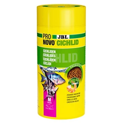 Image of JBL PRONOVO CICHLID GRANO, primary food for cichlids from 8 20 cm, click dispenser, fish feed pellets, size M, 1000 ml