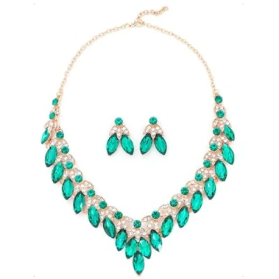 Image of KONFEN Wedding Bridal Jewellery Set, Rhinestone Crystal Leaf Necklaces and Earrings Pendant Chunky Necklace Gift Set Fashion for Women Girls (Green)